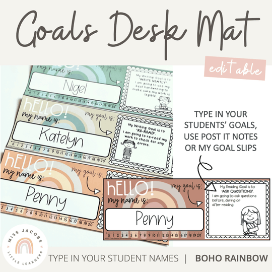 Student Desk Name Plate & Goals Mat - Boho Rainbow Decor