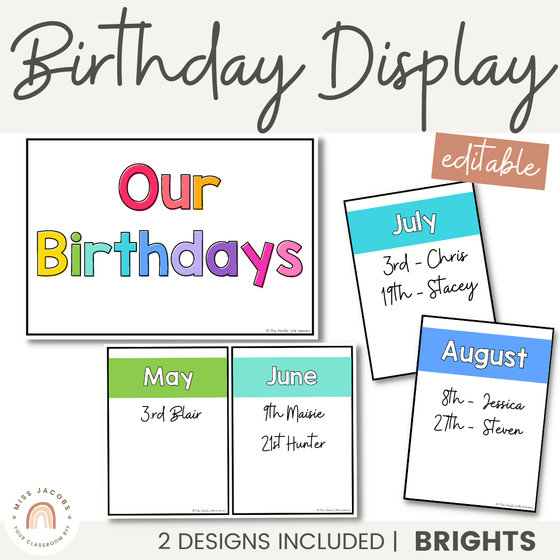 Brights Birthday Display | Simple Brights Classroom Decor | Editable - Miss Jacobs Little Learners