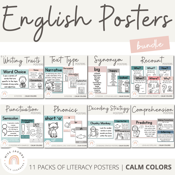 Calm Colors Decor | English Posters Bundle | MODERN RAINBOW Color Palette - Miss Jacobs Little Learners