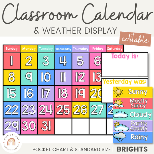 Classroom Calendar | BRIGHTS | Pocket Chart and Standard Size