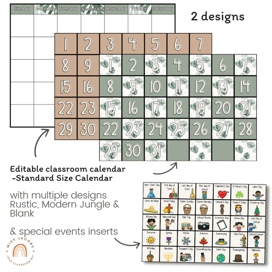 Classroom Calendar | Modern Jungle | Pocket Chart and Standard Size - Miss Jacobs Little Learners
