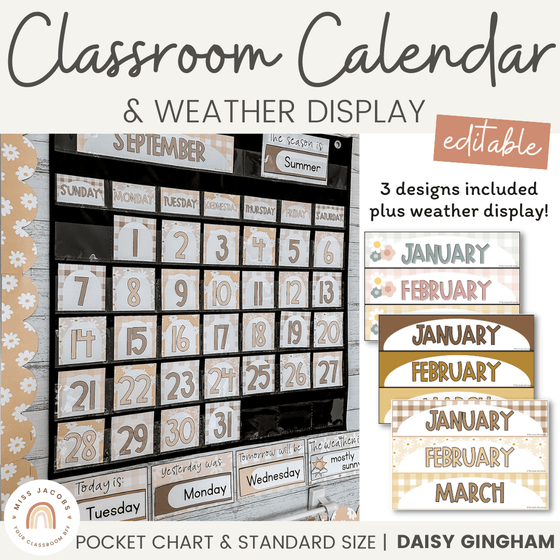 Classroom Calendar & Weather Pocket Chart Display | Daisy Gingham Neutral Classroom Decor - Miss Jacobs Little Learners