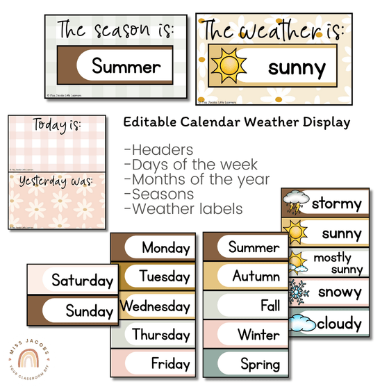 Classroom Calendar & Weather Pocket Chart Display | Daisy Gingham Neutral Classroom Decor - Miss Jacobs Little Learners