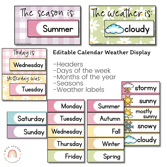 Classroom Calendar & Weather Pocket Chart Display | Daisy Gingham Pastel Classroom Decor - Miss Jacobs Little Learners