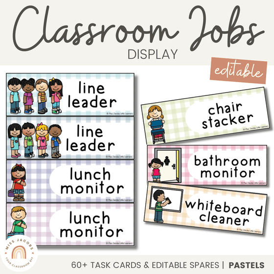 Classroom Jobs Display | Daisy Gingham Pastels Classroom Decor | Editable - Miss Jacobs Little Learners