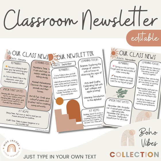Classroom Newsletter Templates | Editable | Boho Vibes Classroom Theme | Desert Neutral Vintage Decor - Miss Jacobs Little Learners