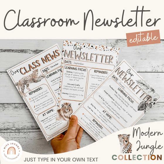 Classroom Newsletter Templates | Editable | Modern Jungle Classroom Theme | Boho Jungle Vibes Decor - Miss Jacobs Little Learners