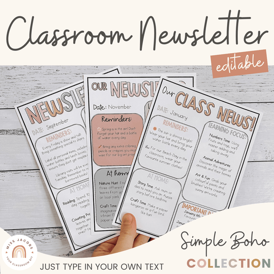 Classroom Newsletter Templates | Editable | Simple Boho Classroom Theme | Vintage Decor - Miss Jacobs Little Learners