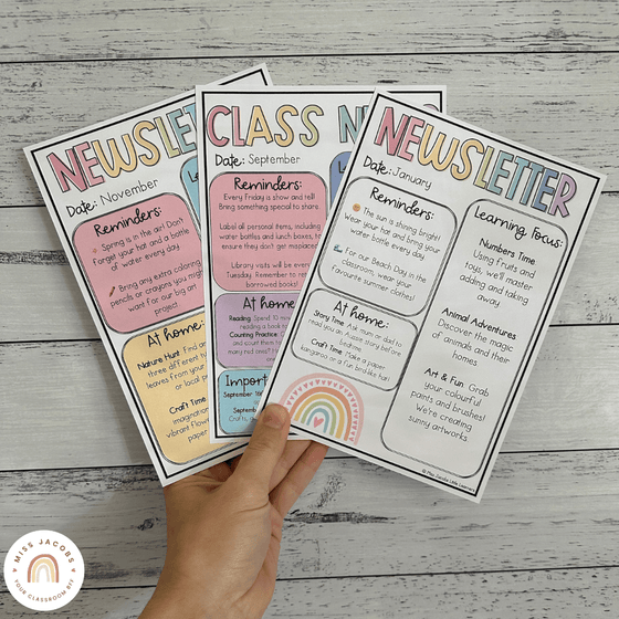 Classroom Newsletter Templates | Editable | Simple Pastels Classroom Theme | Muted Rainbow Decor - Miss Jacobs Little Learners