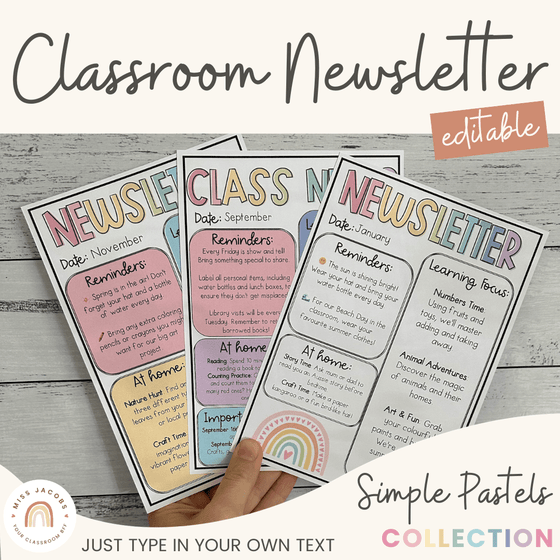 Classroom Newsletter Templates | Editable | Simple Pastels Classroom Theme | Muted Rainbow Decor - Miss Jacobs Little Learners