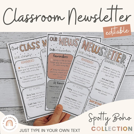 Classroom Newsletter Templates | Editable | Spotty Boho Classroom Theme | Neutral Rainbow Decor - Miss Jacobs Little Learners