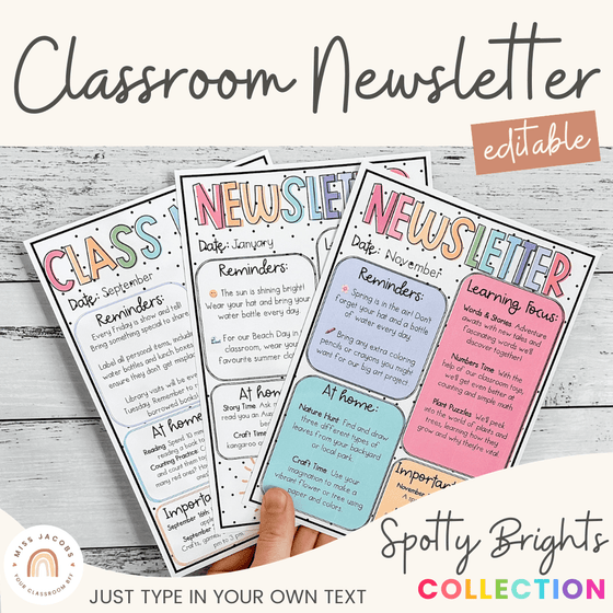 Classroom Newsletter Templates | Editable | Spotty Brights Classroom Theme | Neon Rainbow Decor - Miss Jacobs Little Learners
