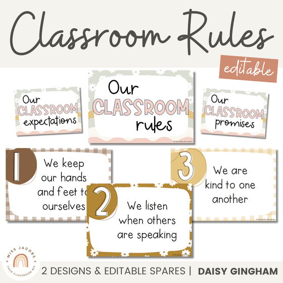 Classroom Rules Posters and Classroom Management Slips | Daisy Gingham Neutral Classroom Decor | Editable - Miss Jacobs Little Learners