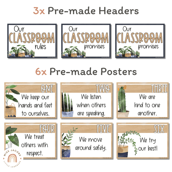 Classroom Rules Posters for Classroom Management | Boho Plants Vintage Decor | Editable - Miss Jacobs Little Learners