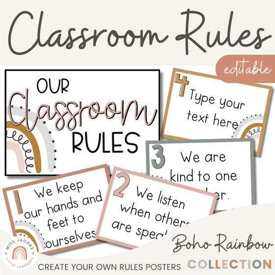 Classroom Rules Posters for Classroom Management | Boho Rainbow Neutral Decor | Editable - Miss Jacobs Little Learners