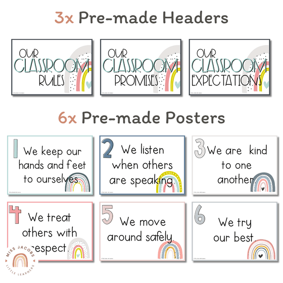 Classroom Rules Posters for Classroom Management | Modern Rainbow Calm Colors | Editable - Miss Jacobs Little Learners