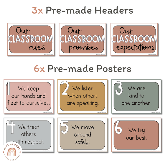 Classroom Rules Posters for Classroom Management | Simple Boho Calm Classroom Decor | Editable - Miss Jacobs Little Learners
