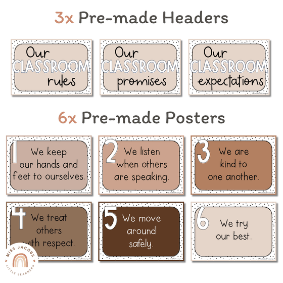 Classroom Rules Posters for Classroom Management | Spotty Neutral Calm Classroom Decor | Editable - Miss Jacobs Little Learners