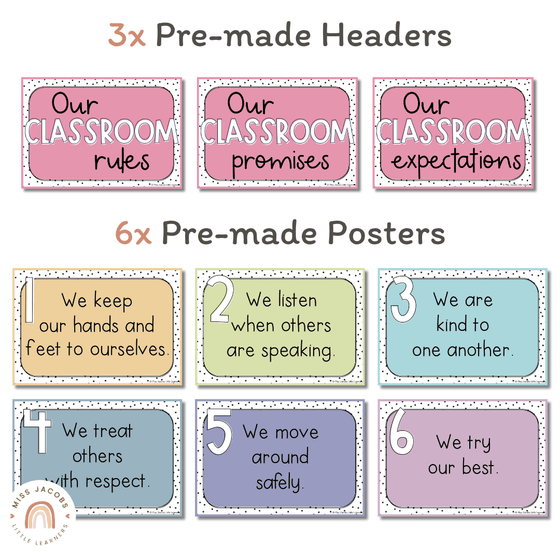 Classroom Rules Posters for Classroom Management | Spotty Pastel Decor | Editable - Miss Jacobs Little Learners