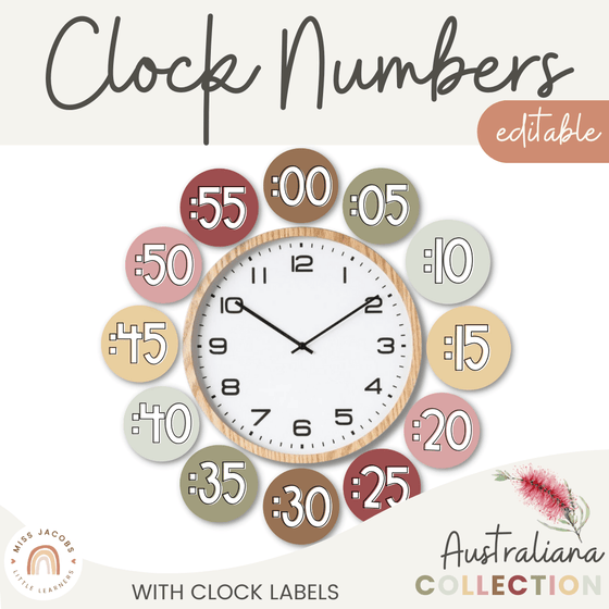 Clock Numbers | Australiana Classroom Decor | Australian Flora and Fauna | Miss Jacobs Little Learners | Editable