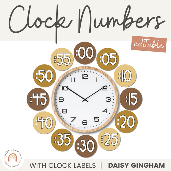 Clock Numbers | Daisy Gingham Neutrals Classroom Decor - Miss Jacobs Little Learners