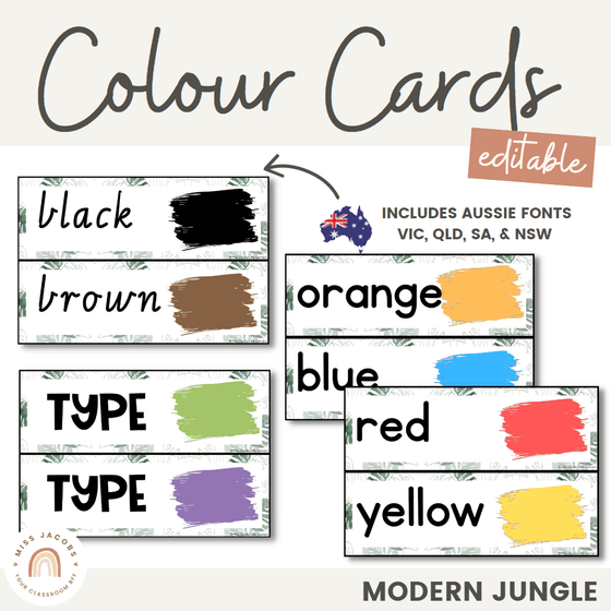 Color Cards | Modern Jungle Classroom Decor | EDITABLE - Miss Jacobs Little Learners