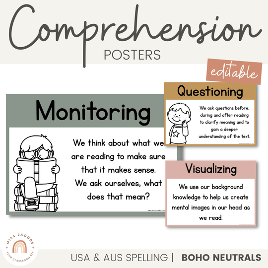 Reading Comprehension Strategies Posters - Boho Neutrals Theme