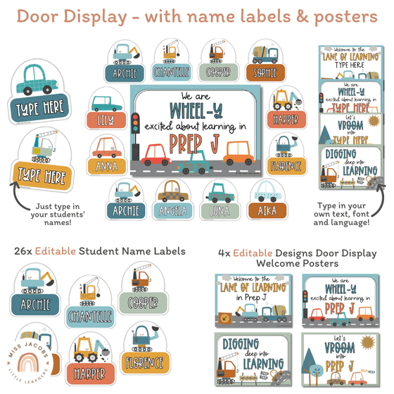 Cute Diggers and Transport Classroom Labels Bundle | Editable Student Name Tags, Posters & Door Display | Cute Class Decor - Miss Jacobs Little Learners