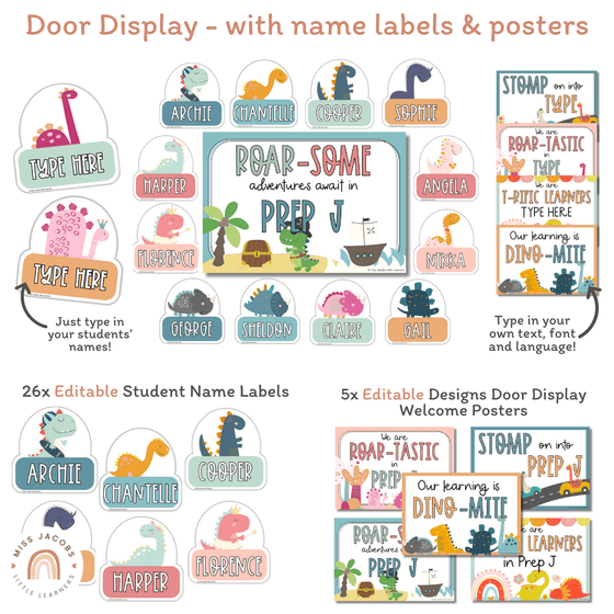 Cute Dinosaur Classroom Labels Bundle | Editable Student Name Tags, Posters & Door Display | Cute Class Decor - Miss Jacobs Little Learners