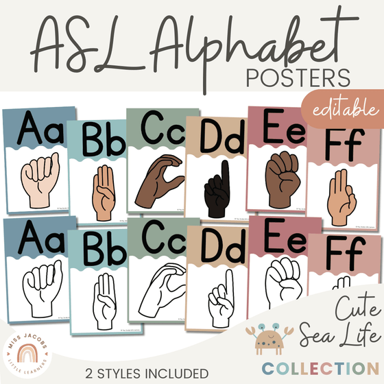 Cute Sea Life ASL (American Sign Language) Alphabet Posters - Miss Jacobs Little Learners