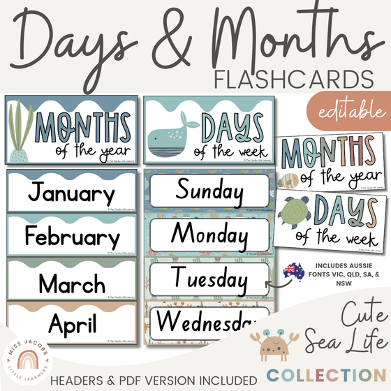 Cute Sea Life Days and Months Flashcards - Miss Jacobs Little Learners