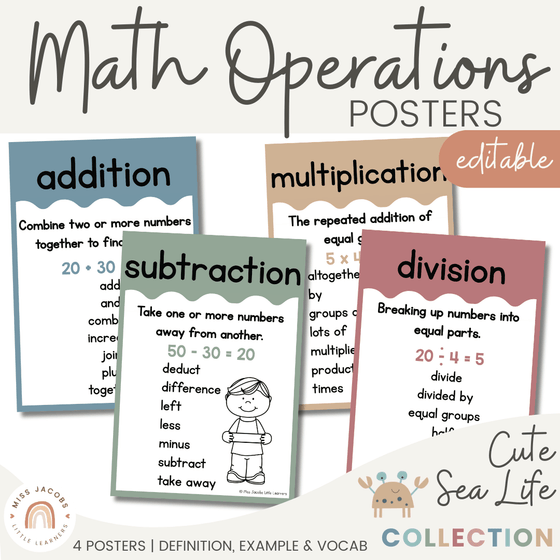 Cute Sea Life Math Operations Posters - Miss Jacobs Little Learners