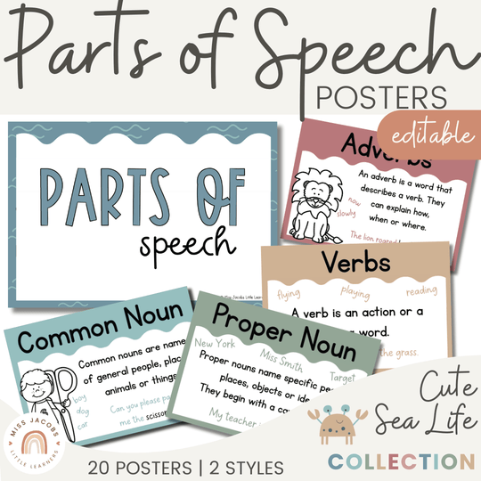Parts of Speech Posters - Cute Sea Life Classroom Decor
