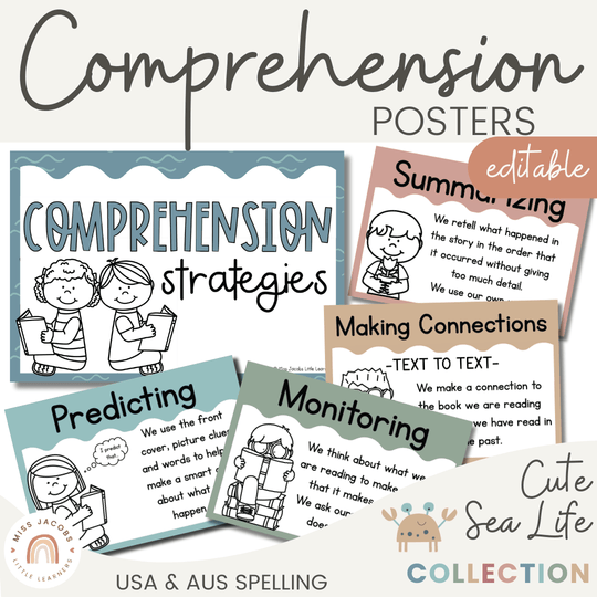 Reading Comprehension Strategies Posters - Cute Sea Life Decor