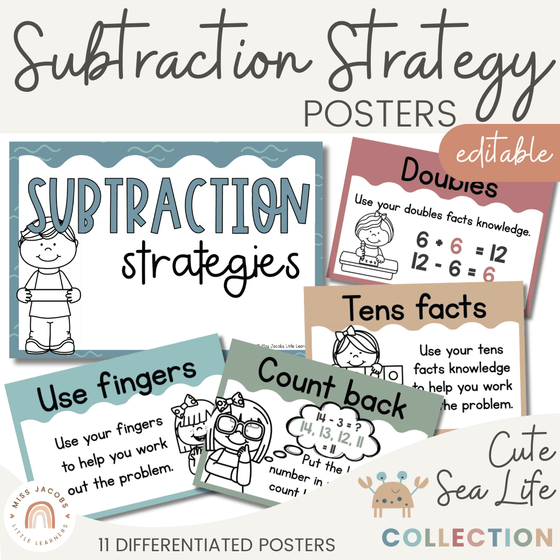 Cute Sea Life Subtraction Strategies Posters - Miss Jacobs Little Learners
