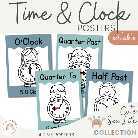 Telling Time and Clock Posters - Cute Sea Life Classroom Decor