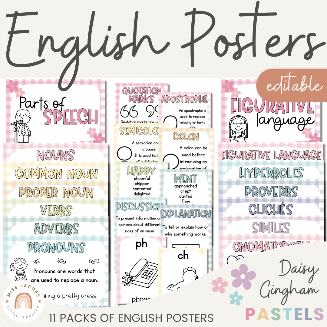 Daisy Gingham Pastels English Posters Bundle Miss Jacobs Little Learners