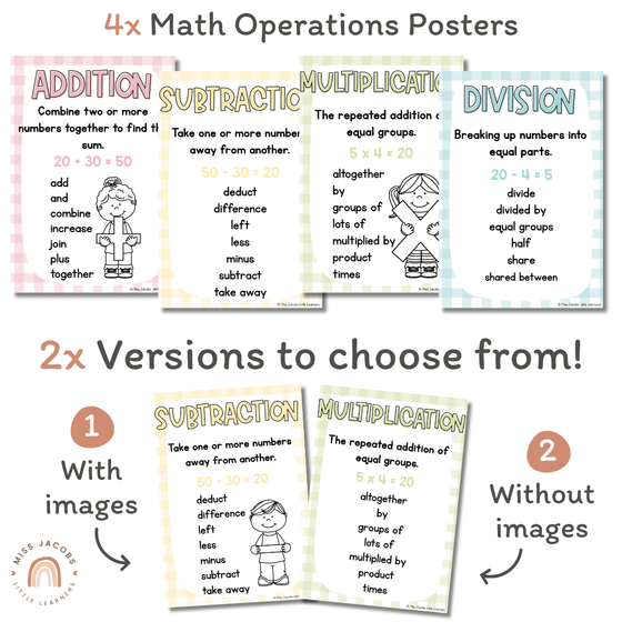 Daisy Gingham Pastels Math Operations Posters - Miss Jacobs Little Learners