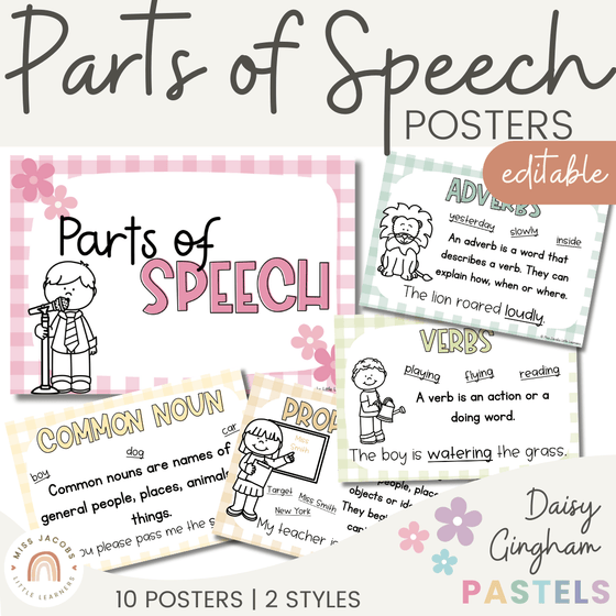 Daisy Gingham Pastels Parts of Speech Posters - Miss Jacobs Little Learners