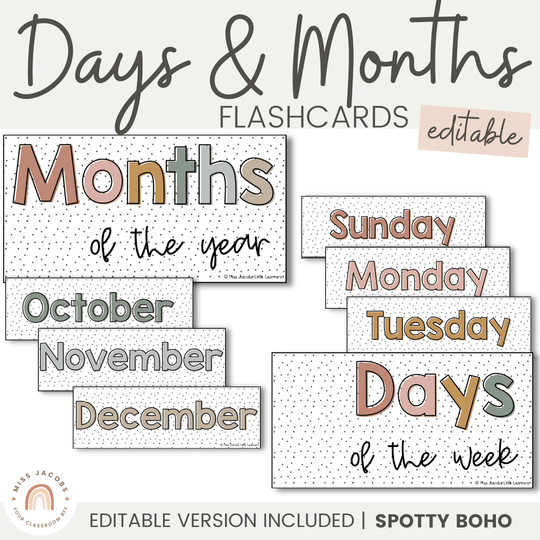 Days and Months Labels - Spotty Boho Classroom Decor