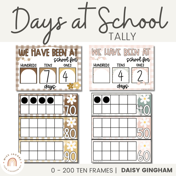 Days at School Display | 100 Days of School Tally | Daisy Gingham Neutrals Classroom Decor - Miss Jacobs Little Learners