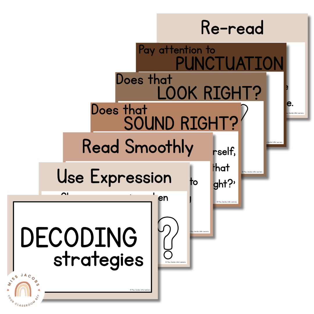 Decoding Reading Strategies Posters | Ombre Neutral English Classroom