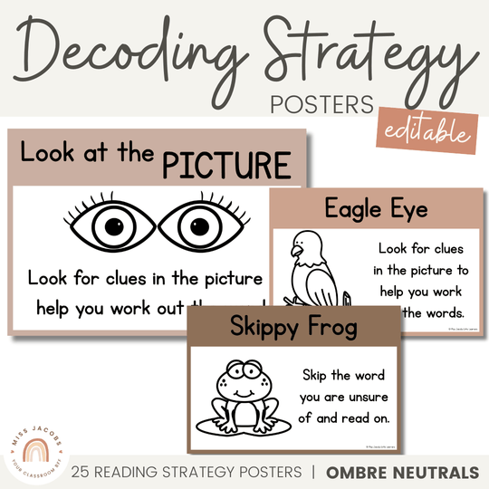 Decoding Reading Strategies Posters | Ombre Neutral English Classroom Decor
