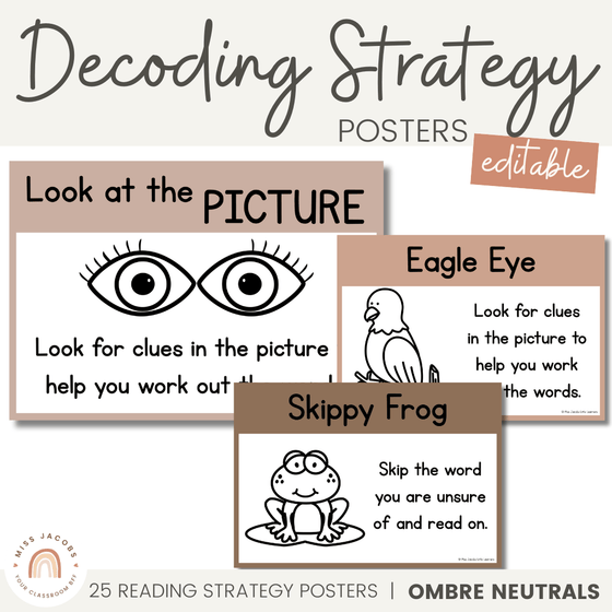 Decoding Reading Strategies Posters | Ombre Neutral English Classroom Decor - Miss Jacobs Little Learners