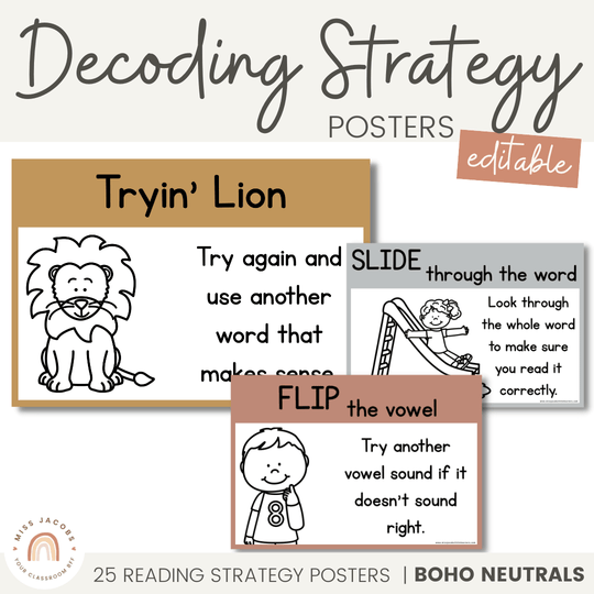 Reading Decoding Strategies Posters - Boho Neutrals Theme