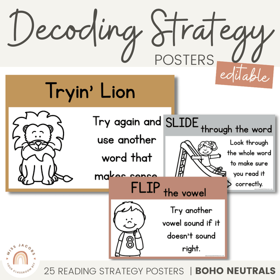 Decoding Reading Strategy Posters | Editable | Neutral Color Palette - Miss Jacobs Little Learners
