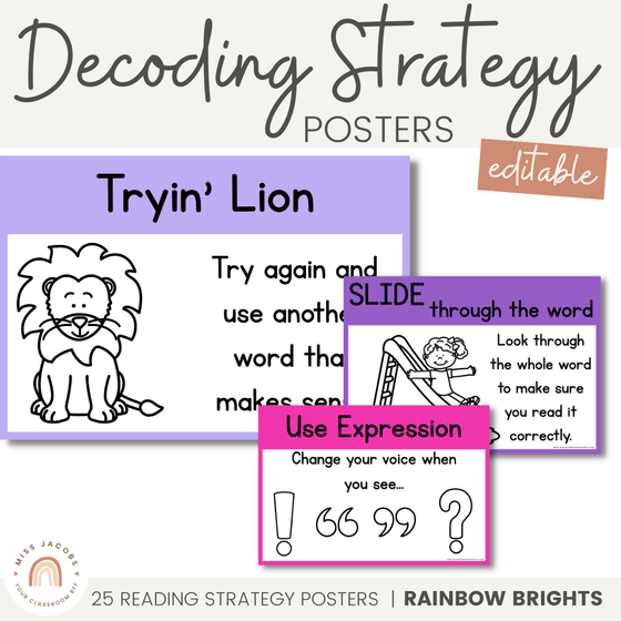 DECODING READING STRATEGY POSTERS | RAINBOW BRIGHTS - Miss Jacobs Little Learners