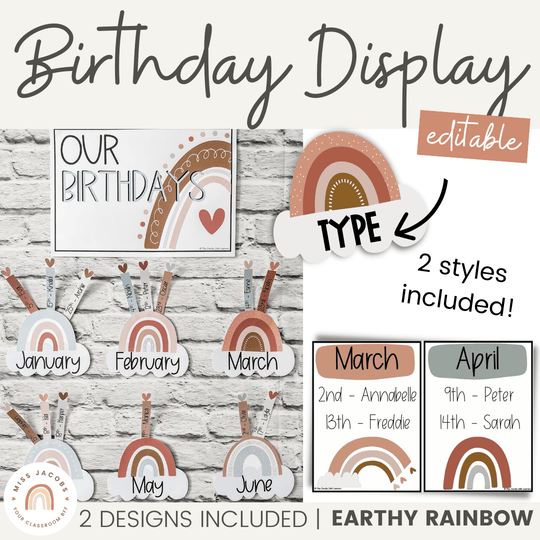 Earthy Boho Rainbow Birthday Display | Editable Neutral Classroom Decor