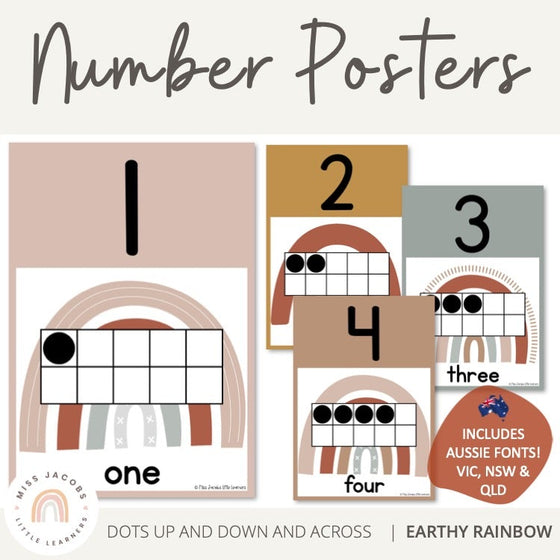 Earthy Rainbow Number Posters in Australian State Fonts - Miss Jacobs Little Learners