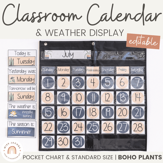 Editable Classroom Calendar | Boho Plants / Rustic Pocket Chart & Standard Size - Miss Jacobs Little Learners